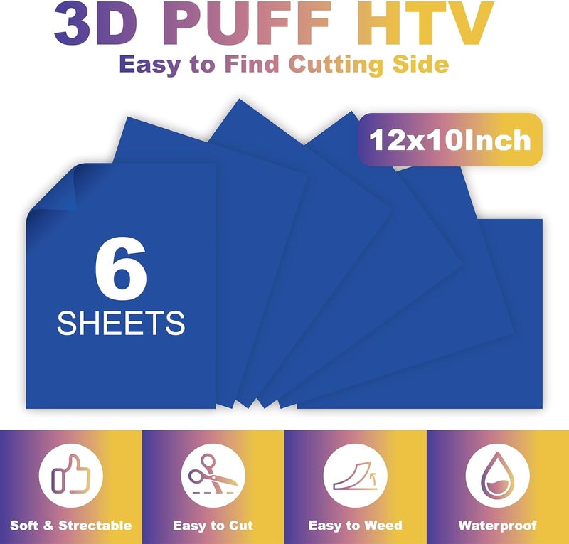 HTVJOYDO 6Pcs Puff Vinyl Heat Transfer, 12x10Inch Royal Blue 3D Puff HTV, DIY Iron-on Vinyl for T-Shirts, Easy to Cut and Weed, Compatible with Cricut or Cameo (6 Royal Blue Puff) - Image 4